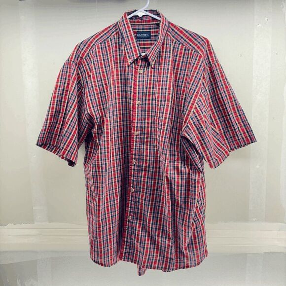 Puritan Mens Red Blue Plaid Short Sleeve Chest Pocket Button-Up Shirt Size Large - Picture 1 of 3